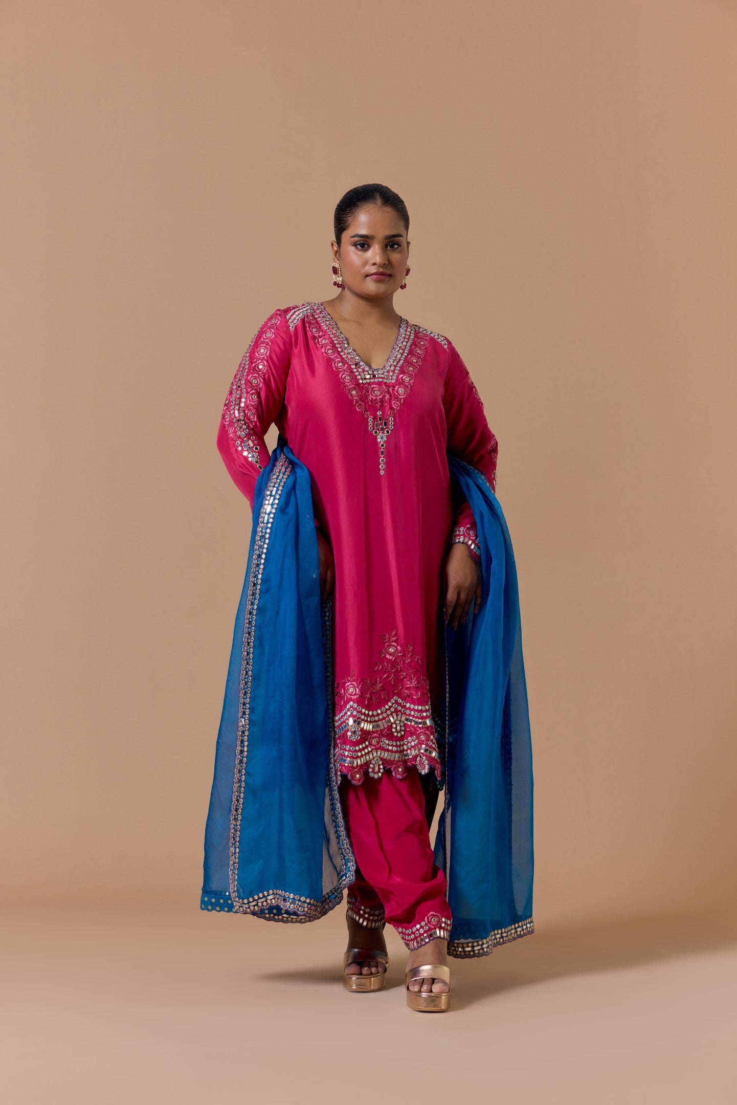 Fushia silk suit with peacock blue dupatta