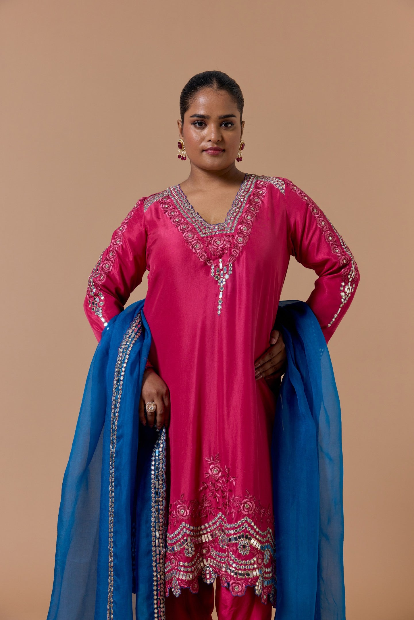 Fushia silk suit with peacock blue dupatta