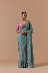 Aqua Crush Tissue Saree With Pink Brocade Blouse