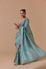 Aqua Crush Tissue Saree With Pink Brocade Blouse