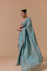 Aqua Crush Tissue Saree With Pink Brocade Blouse