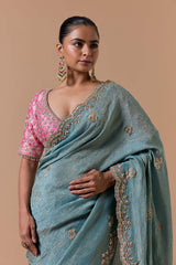 Aqua Crush Tissue Saree With Pink Brocade Blouse