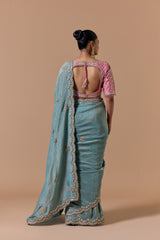 Aqua Crush Tissue Saree With Pink Brocade Blouse