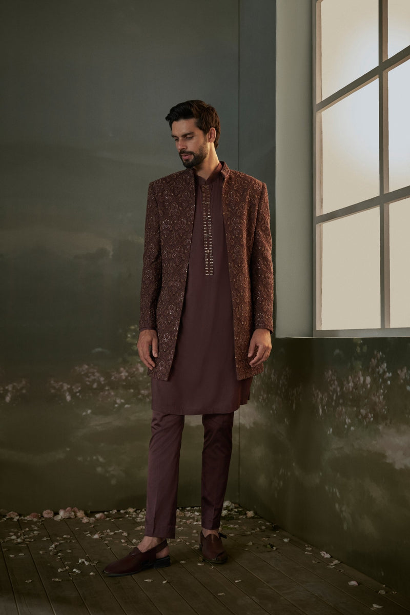 Chocolate brown embroidered short sherwani jacket with kurta and trouser