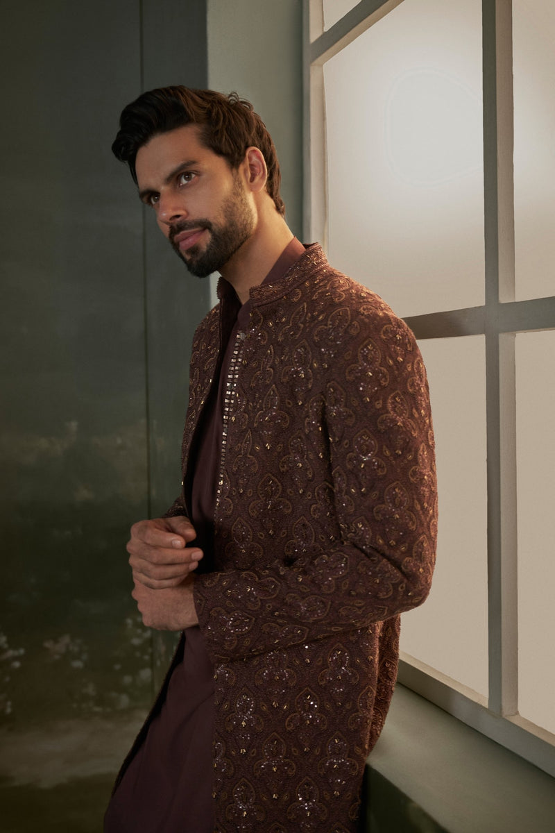 Chocolate brown embroidered short sherwani jacket with kurta and trouser