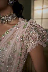 Amna Sharif In Rose Pink Pre-draped  Saree With Trail