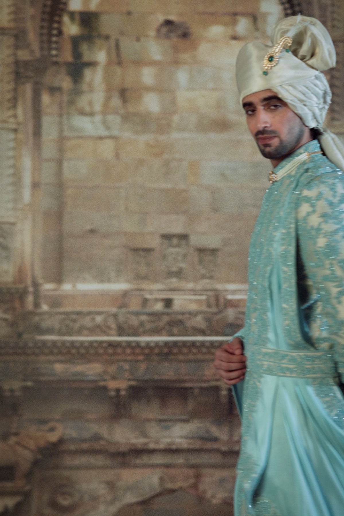AQUA BROCADE SHERWANI DORI WORK