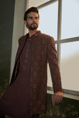 Chocolate brown embroidered short sherwani jacket with kurta and trouser