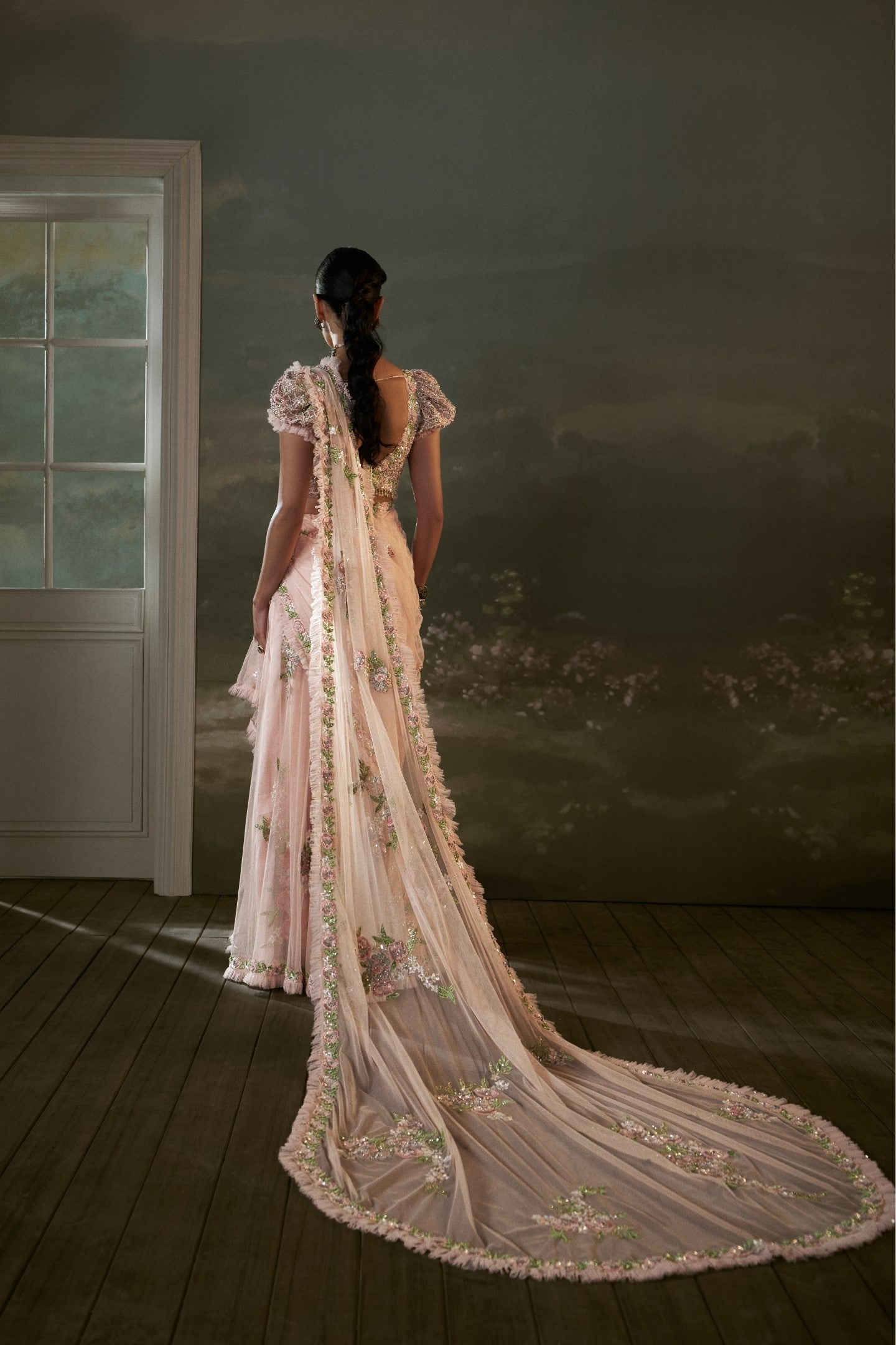 Amna Sharif In Rose Pink Pre-draped  Saree With Trail