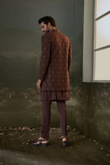 Chocolate brown embroidered short sherwani jacket with kurta and trouser