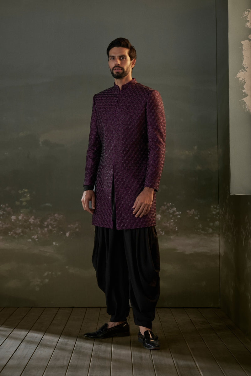 Black Kurta And Dhoti With Purple Embroidered Sherwani