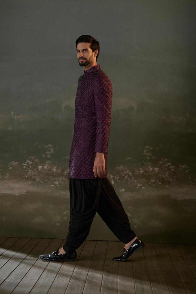 Black Kurta And Dhoti With Purple Embroidered Sherwani