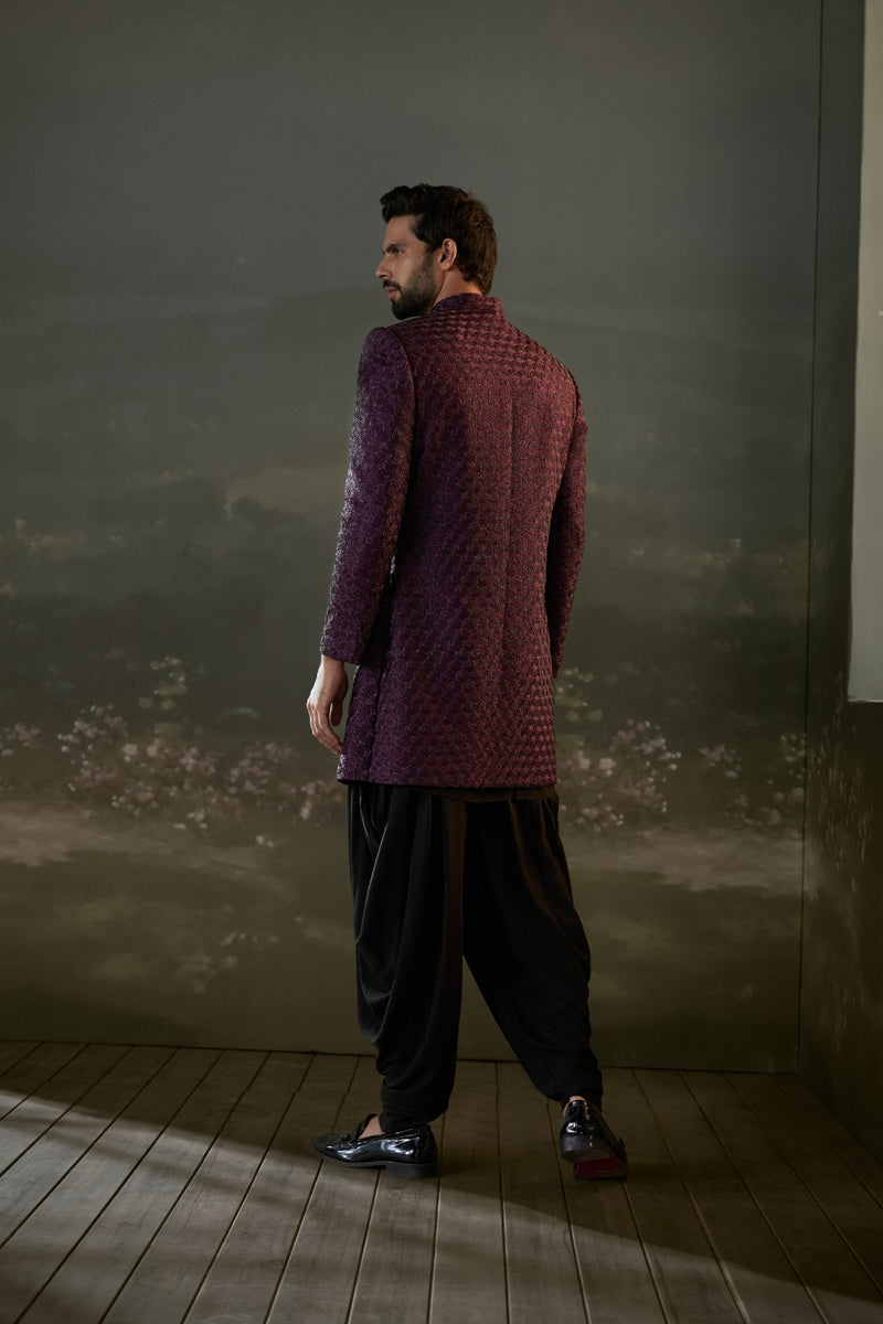 Black Kurta And Dhoti With Purple Embroidered Sherwani