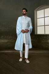 White kurta And pants with powder-blue embroidered raw silk sherwani and optional silk stole