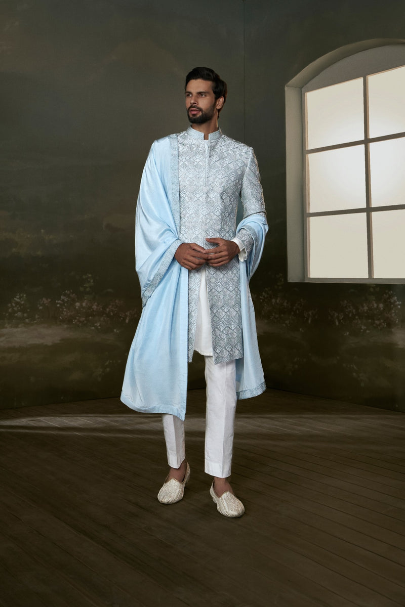 White kurta And pants with powder-blue embroidered raw silk sherwani and optional silk stole