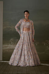 Peach Multicolored Lehenga Choli Set With Jacket