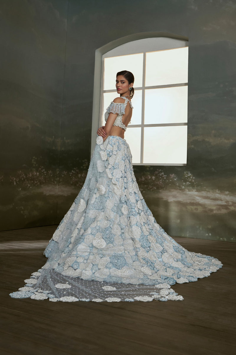 Powder Blue White Trail Lehenga Choli Set