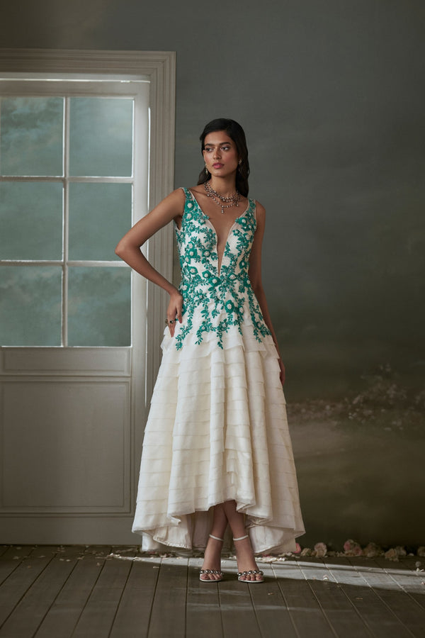 Ivory organza layered assymetrical dress