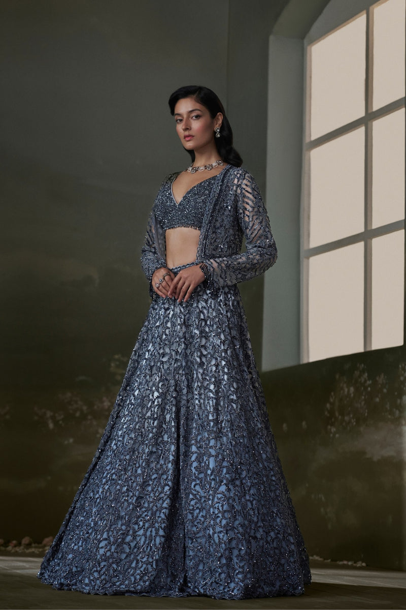 Stone grey Lehenga Choli Set With Jacket