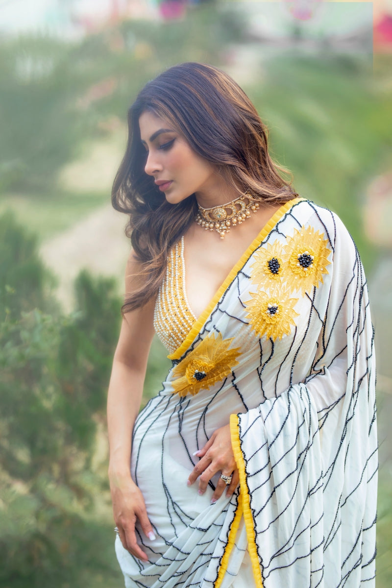 Mouni Roy IN Off White Georgette Sunflower Saree