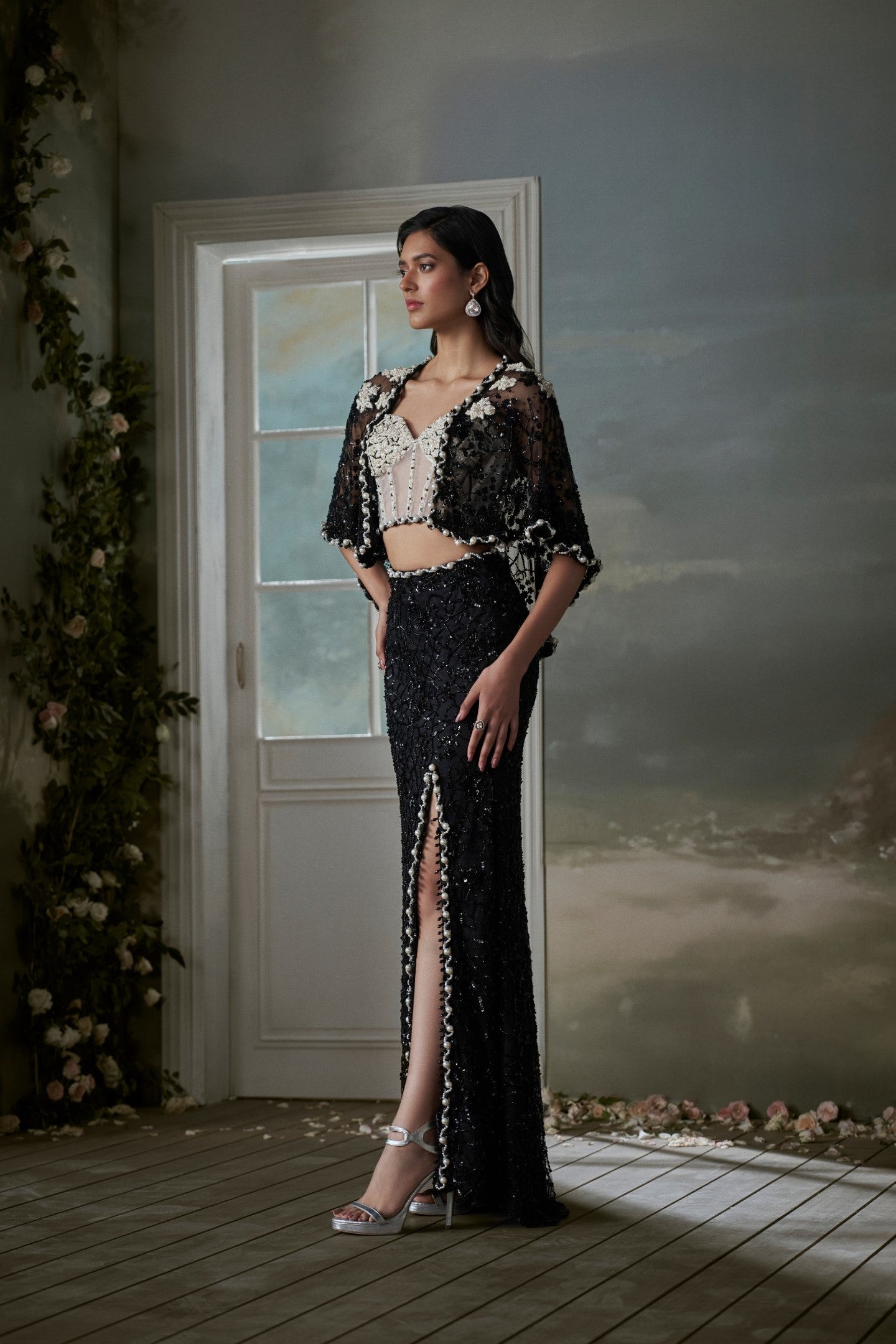Black Skirt And Jacket Set With An Ivory Corset