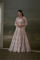 Peach Multicolored Lehenga Choli Set With Jacket