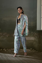 Printed metallic jacket trouser set with corset