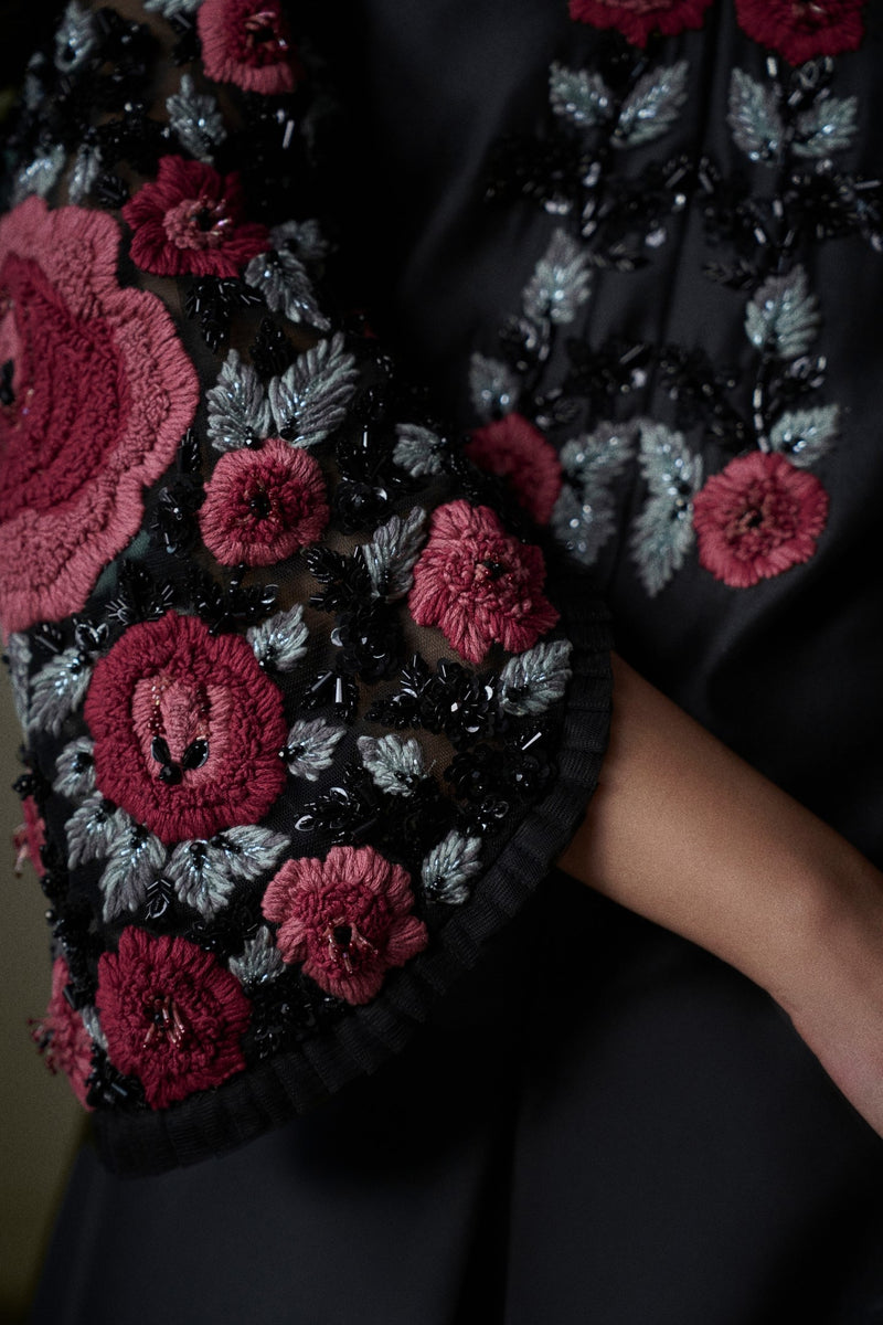 Floral embroidered black long dress with a short jacket and trouser