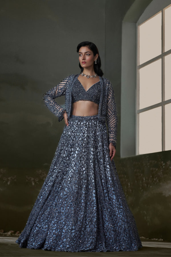 Stone grey Lehenga Choli Set With Jacket