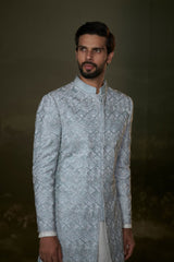 White kurta And pants with powder-blue embroidered raw silk sherwani and optional silk stole