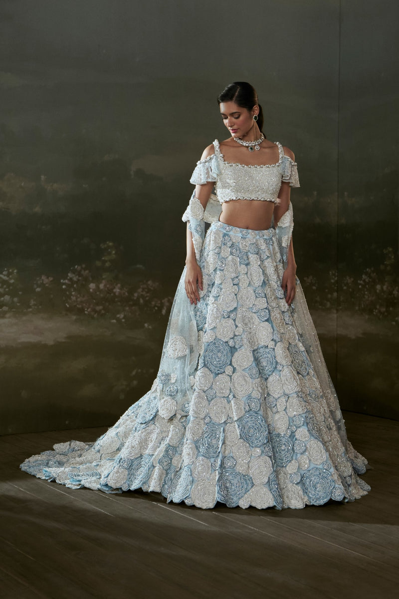 Powder Blue White Trail Lehenga Choli Set