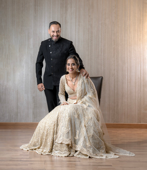 Vineeta Singh In Ivory Tulle Lehenga Choli Dupatta Set with an Optional Veil