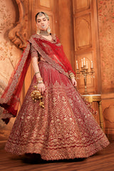 Jannat Khan In Blood Red Raw Silk Lehenga Choli and Belt with Tulle Dupatta with an Optional Lighter Second Dupatta