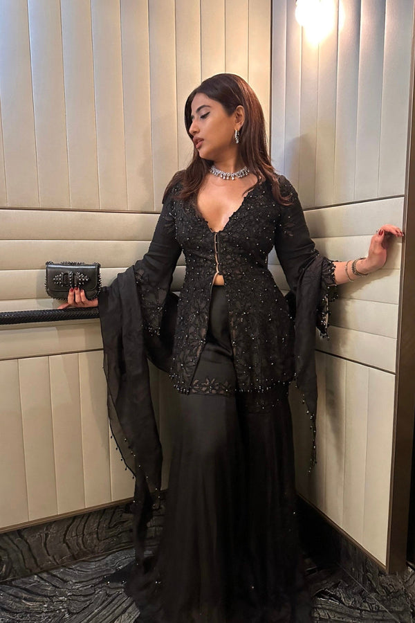 Aishwarya Bendre IN Black Nude Peplum Garara Set With Bustier