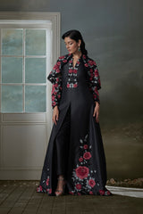 Floral embroidered black long dress with a short jacket and trouser