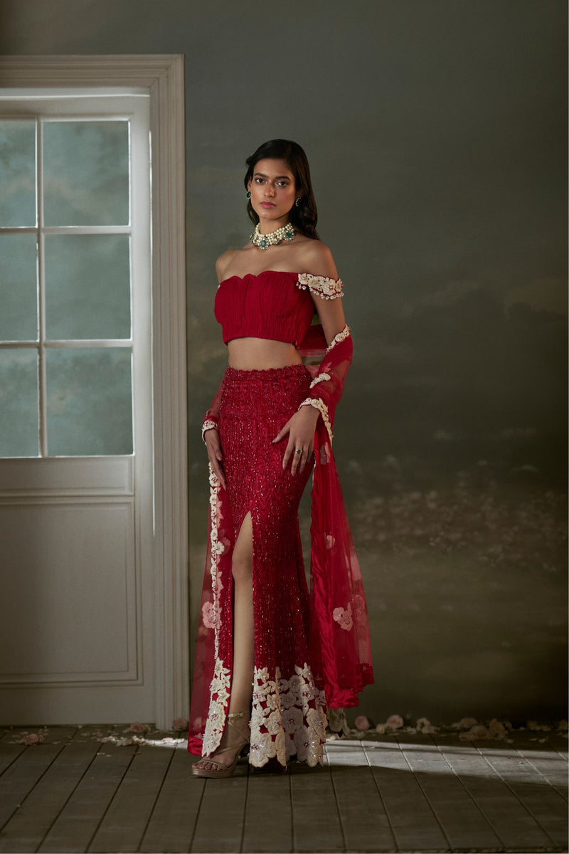 Red skirt with pleated crop top and dupatta