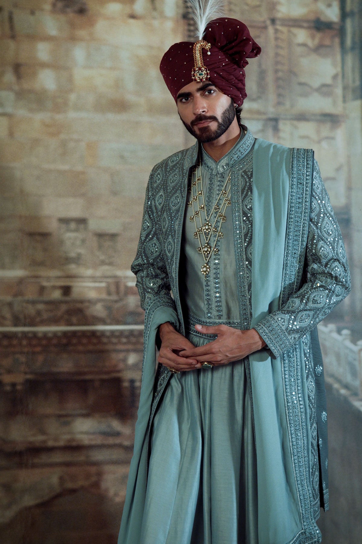 BLUE GREY OPEN SHERWANI JACKET WITH CHOGA AND CHURIDAR