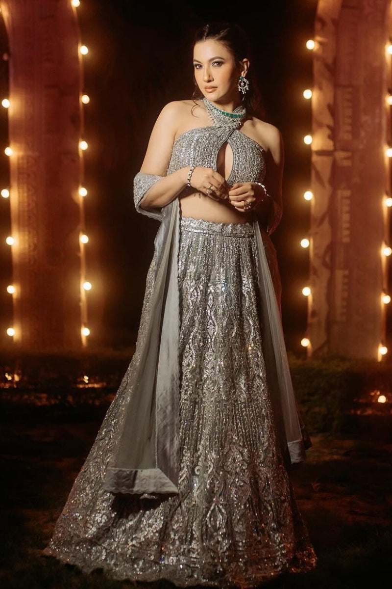 GAUAHAR KHAN IN CHARCOAL GREY NET LEHENGA CHOLI SET