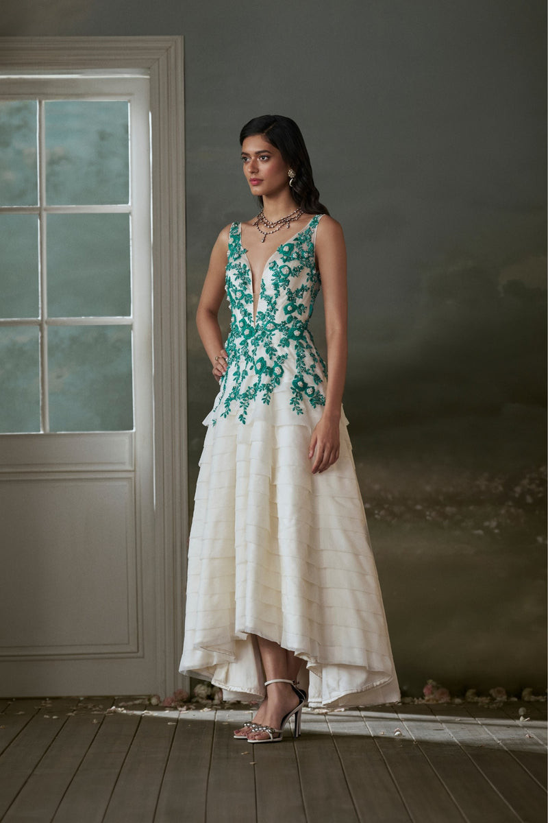 Ivory organza layered assymetrical dress