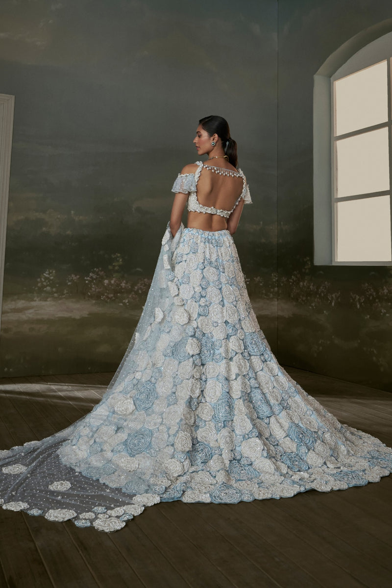 Powder Blue White Trail Lehenga Choli Set