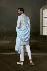 White kurta And pants with powder-blue embroidered raw silk sherwani and optional silk stole