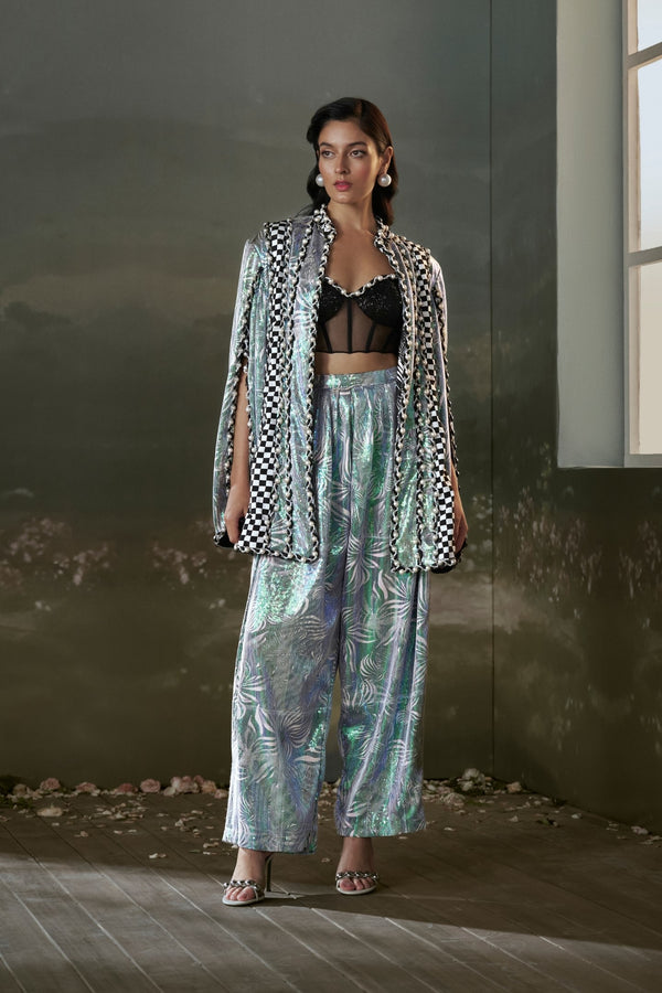 Printed metallic jacket trouser set with corset