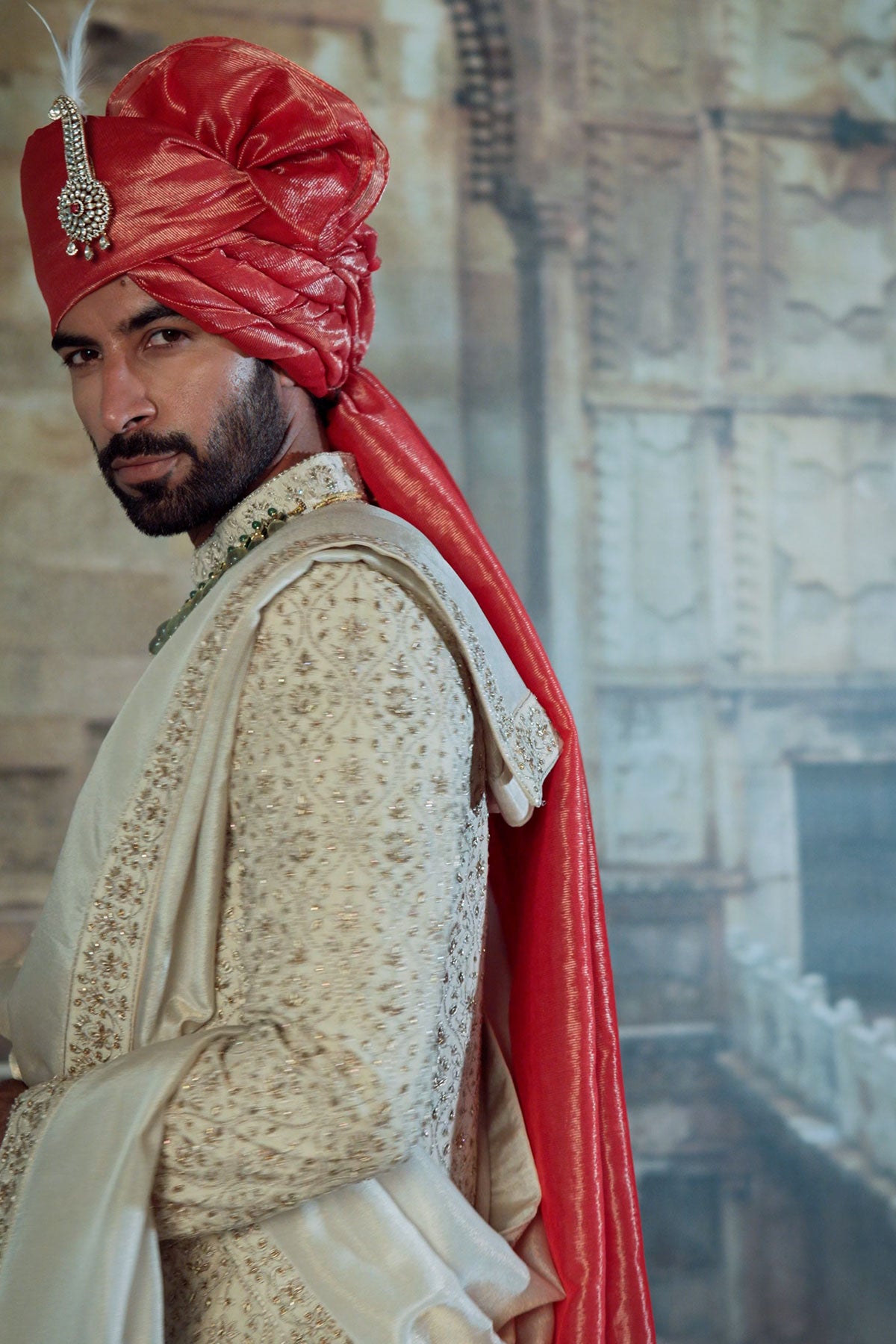 BEIGE RAW SILK SHERWANI KASAB EMBROIDERY