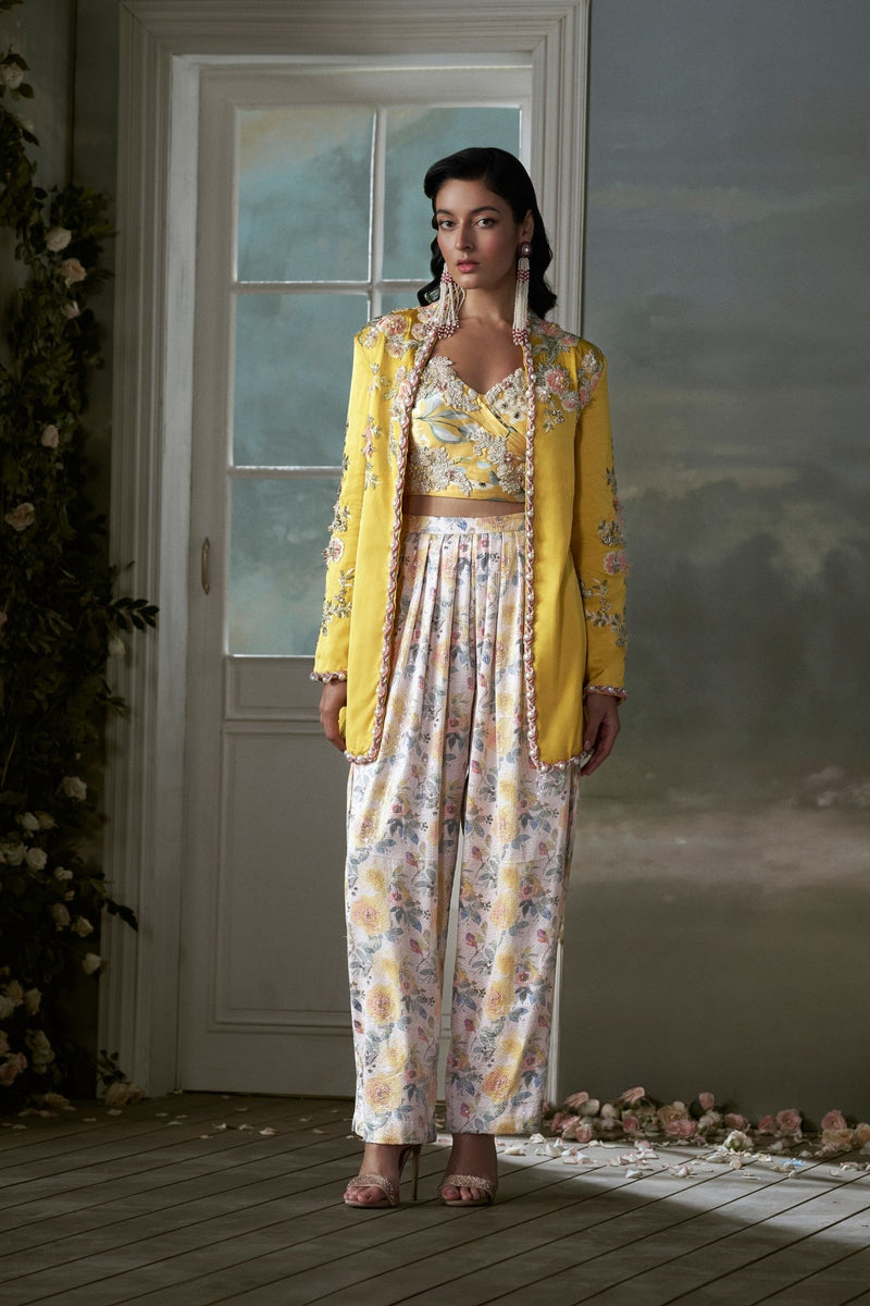 Yellow Jacket Trouser Set With Corset Top