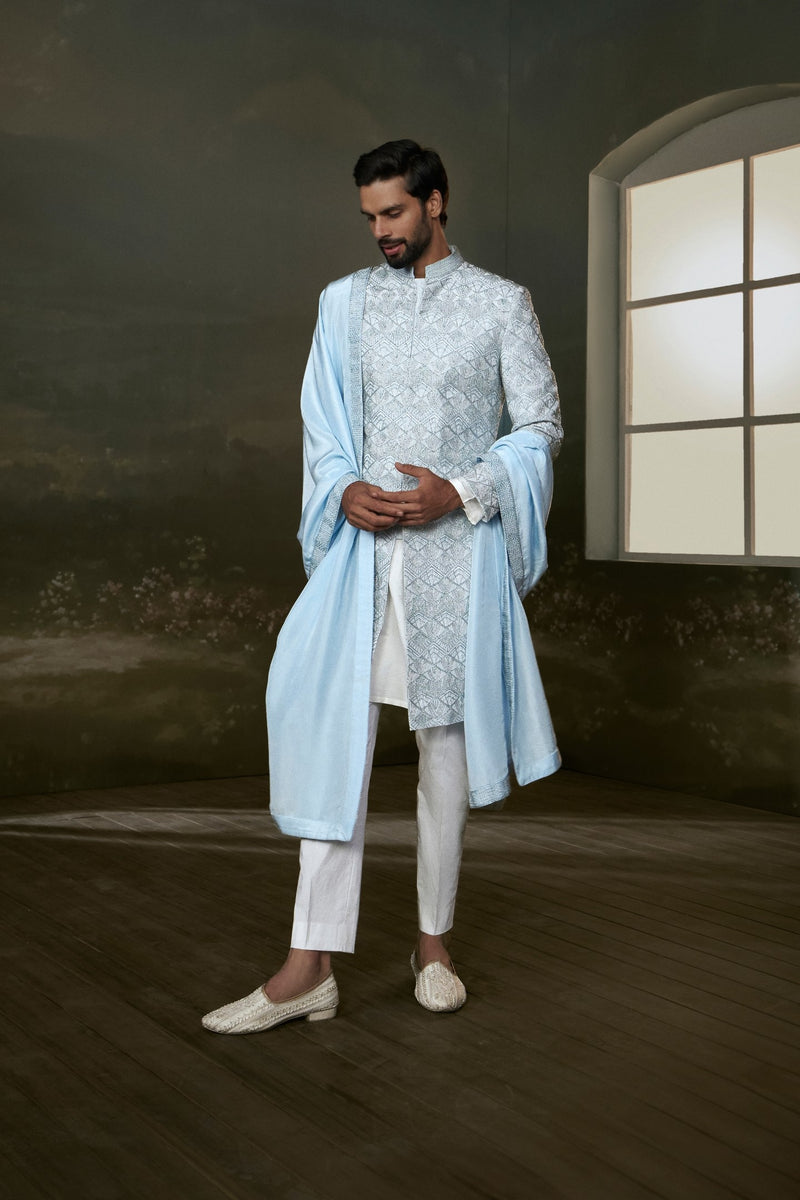 White kurta And pants with powder-blue embroidered raw silk sherwani and optional silk stole