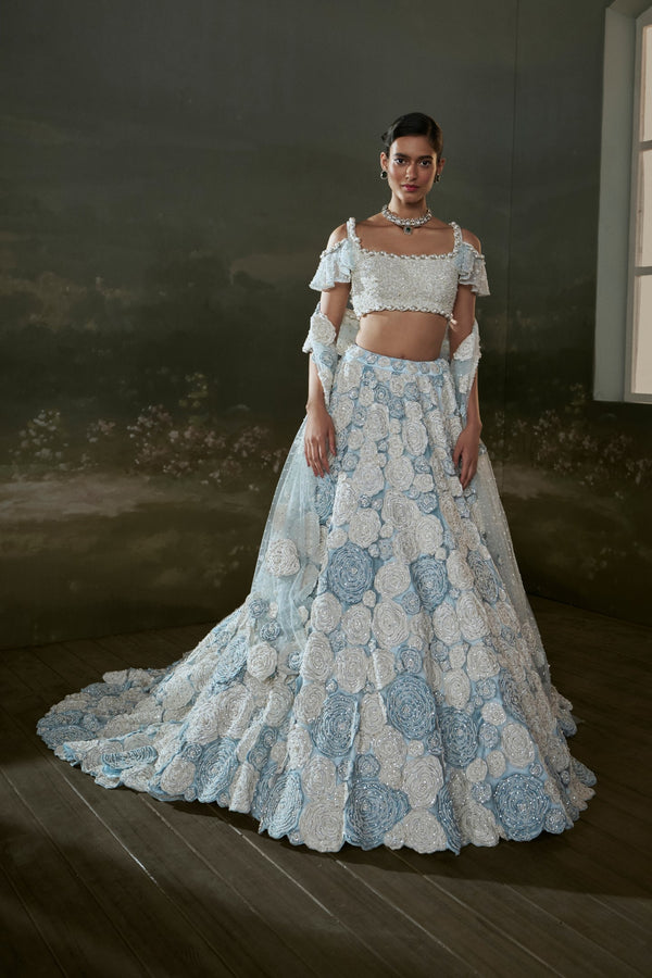 Powder Blue White Trail Lehenga Choli Set