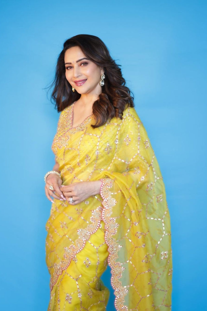 Madhuri Dixit in Yellow Organza Saree