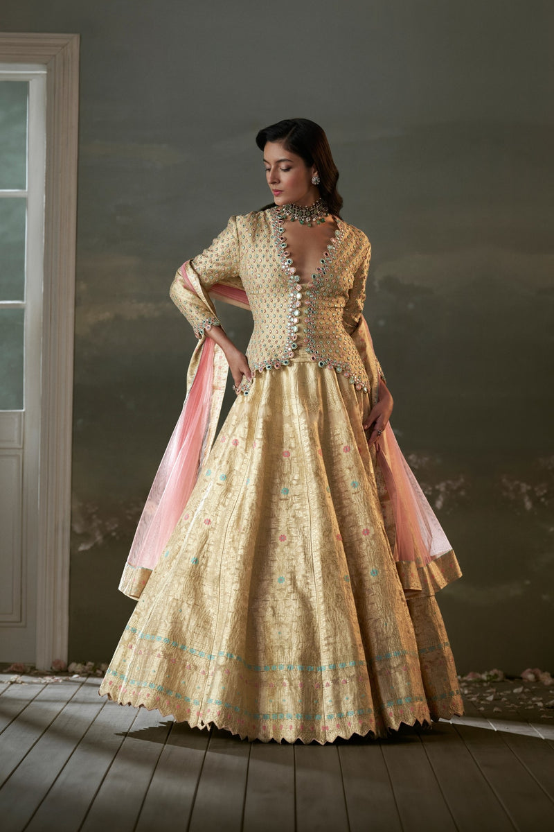 Gold woven benarsi silk lehenga with blouse and dupatta