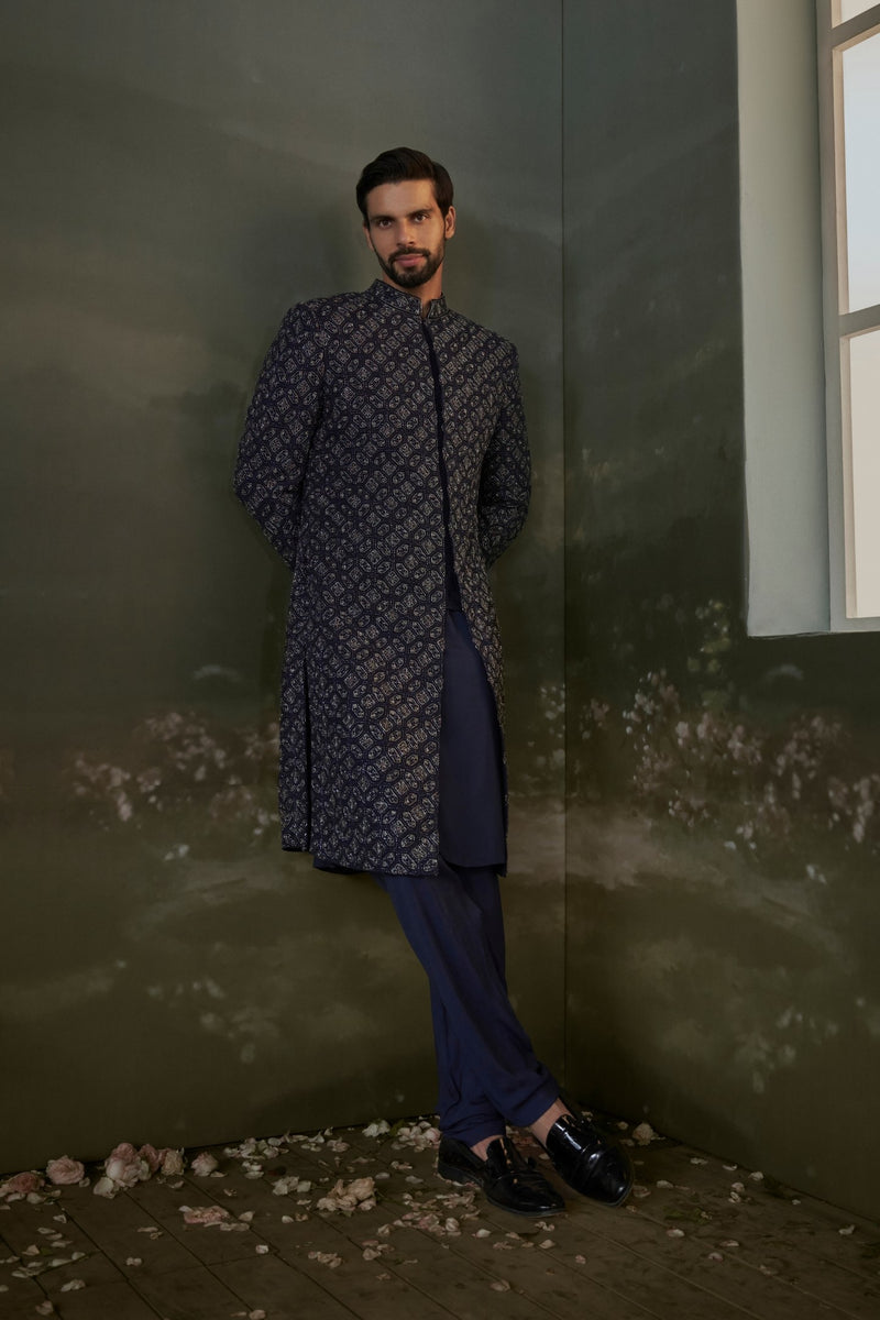 Navy blue Kurta And Churidar With Raw Silk Embroidered Sherwani