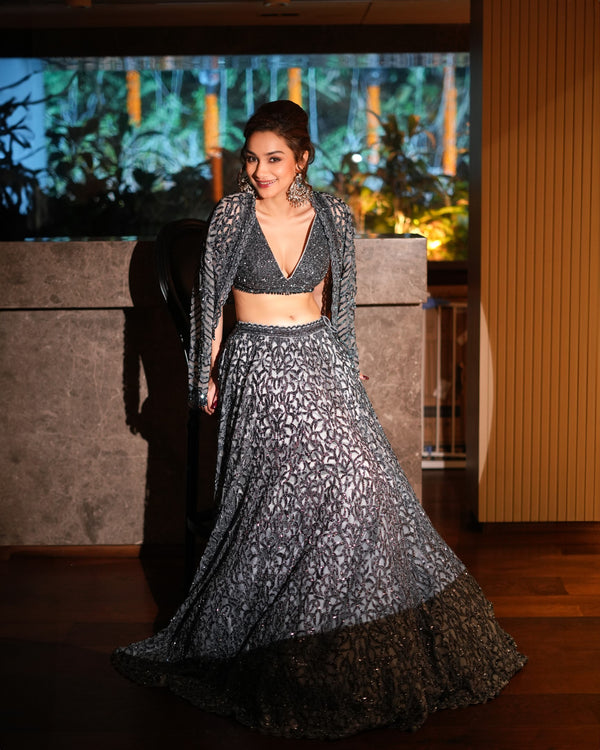 Alfia Jaffery In Stone grey Lehenga Choli Set With Jacket